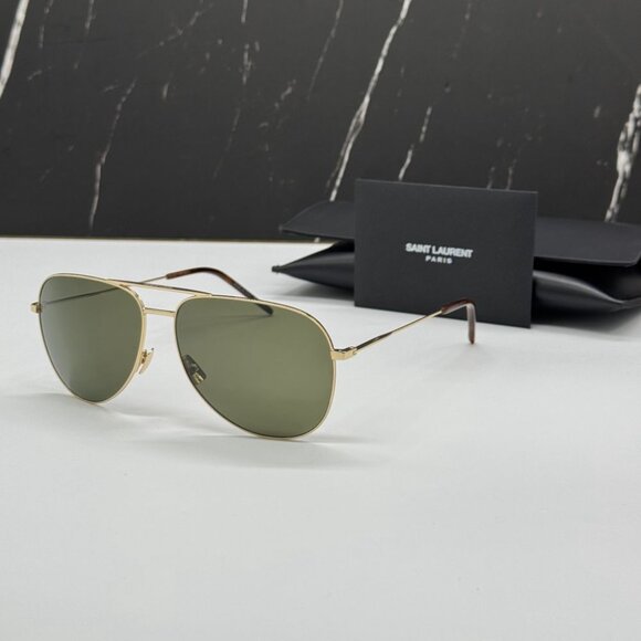 NEW SAINT LAURENT CLASSIC 11 028 GOLD/GREEN AVIATOR SUNGLASSES - Picture 1 of 10